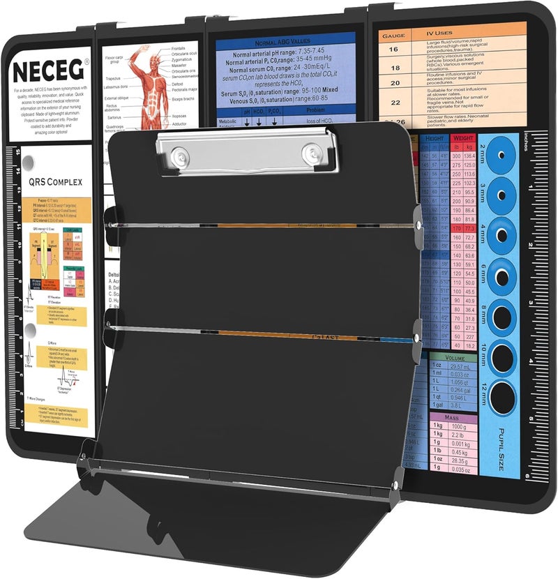 NECEG Nursing Clipboard Foldable-4 Layers Aluminum Nurse Foldable Clipboard Nursing Medical Edition Cheat Sheets, Pocket Size Pen Clip for Nurses Students School and Doctors-Black - Image 1
